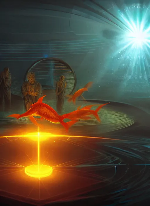 Image similar to the goldfish god at the center of the laser reflection array, dark scifi concept art