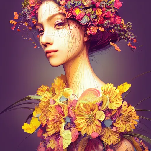 Image similar to the portrait of an absurdly beautiful, graceful, elegant young woman made of bananas and petals looking up, an ultrafine detailed illustration by kim jung gi, irakli nadar, intricate linework, bright colors, octopath traveler, final fantasy, angular, unreal engine 5 highly rendered, global illumination, radiant light, detailed and intricate environment