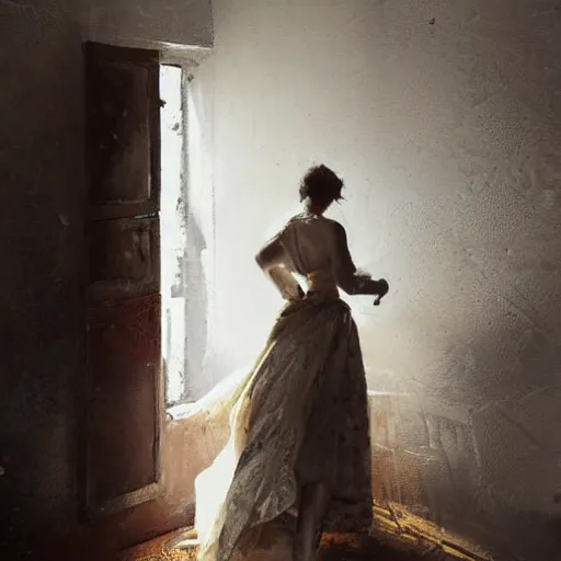 Image similar to A woman in a wedding dress in a dirty run-down room, long shadow, warm colors, vintage shading, dark room, elegant interior, by Greg Rutkowski