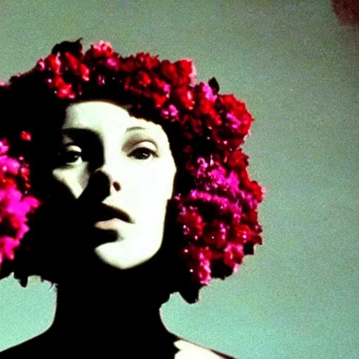 Image similar to movie still of the girl with the flowers head, cinematic composition, cinematic light, by david lynch, surrealist art