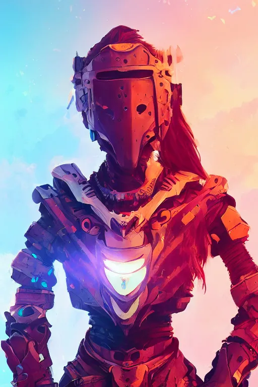 Image similar to combination suit armor aloy horizon forbidden west horizon zero dawn radiating a glowing aura global illumination ray tracing hdr fanart arstation by ian pesty and alena aenami artworks in 4 k tribal robot ninja mask helmet backpack