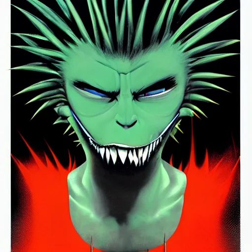 Image similar to a punk rock rapper alien with black spiked hair enraged, an airbrush painting by Jamie Hewlett, cgsociety, symbolism, antichrist, aesthetic, 8k