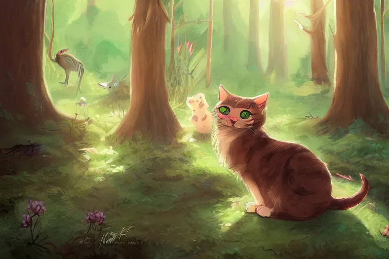 Prompt: cat in the forest, warm lighting, digital art, trending on artstation, fanart, by kawacy