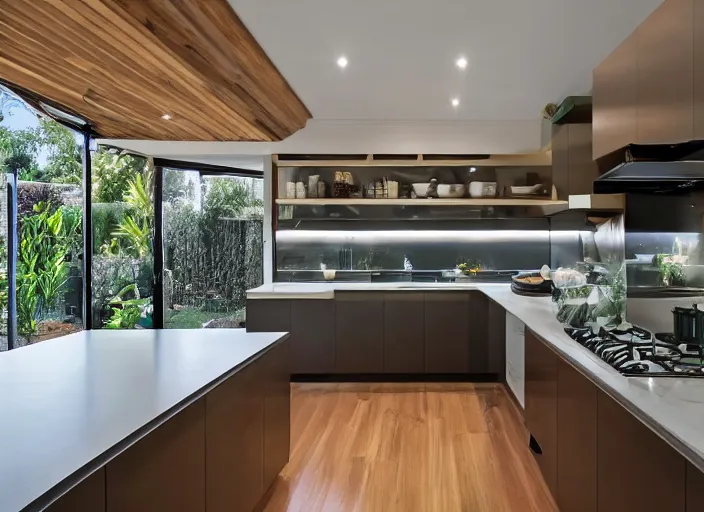 Prompt: luxurious cannabis kitchen in australian suburban everyday life, charming and tranquil