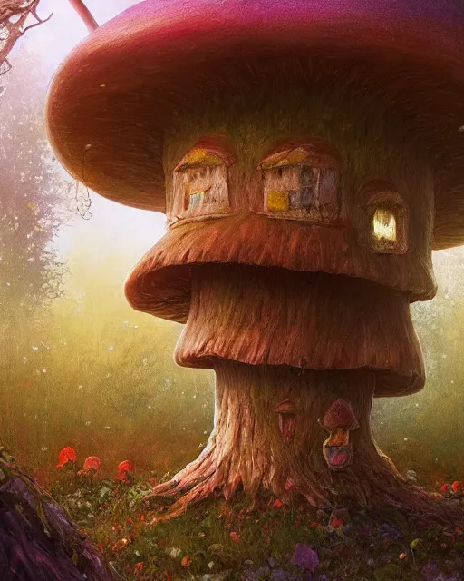 Prompt: a tall cute mushroom house in a magical forest in spring, cinematic, stunning, adorable, artstation, smooth, hard focus, illustration, art by jessica rossier and brian froud, one mushroom