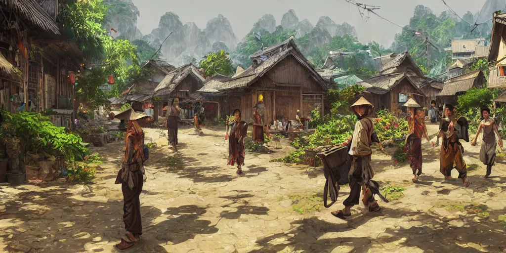 Image similar to vietnamese village scene, side scroller, 2 d game art background, sharp, detailed, intricate, game level design, cinematic lighting, ultrarealistic, photorealistic, trending on artstation, in the style of yoji shinkawa and greg rutkowski and federico pelat and wlop and karol bak and bouguereau and santiago caruso