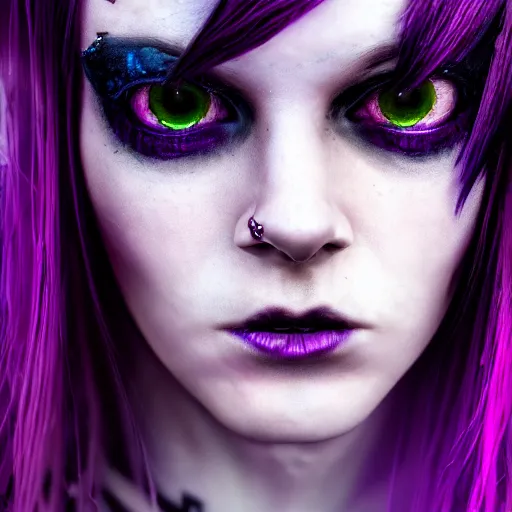 Prompt: an hdr photo still of a beautiful punk woman with violet hair and eyes, cyberpunk, hd, 8 k