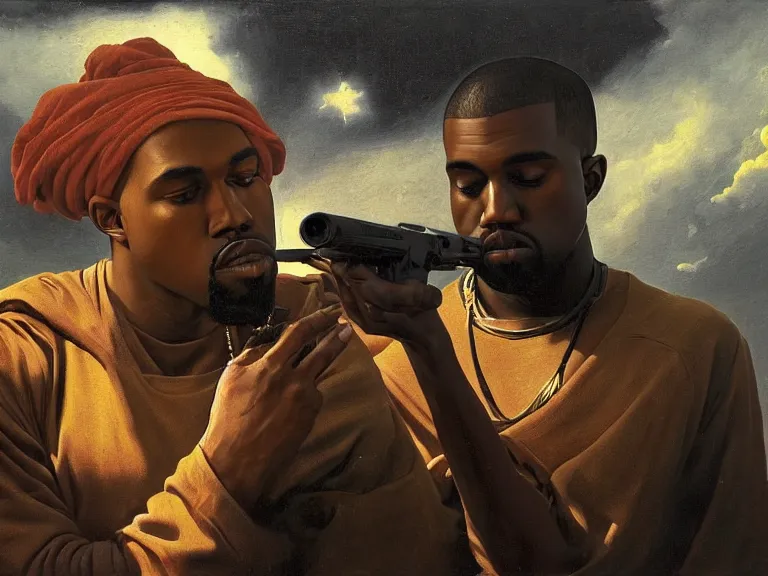 Image similar to a detailed profile oil painting of kanye west pointing a gun to pete davidson, bounty hunter portrait symmetrica, aurora lighting clouds and stars by beksinski carl spitzweg and tuomas korpi. intricate artwork by caravaggio. Trending on artstation. 8k