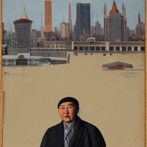 Image similar to a realistic portrait of abai kunanbayev in a modern city