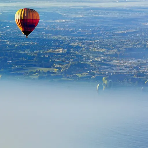 Prompt: a beautiful 8 k photo of a hot air balloon flying across the english coast in early winter, highly detailed photo