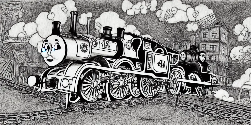 Prompt: Thomas the Tank Engine, illustration by Junji ito, pencil and paper, disturbing