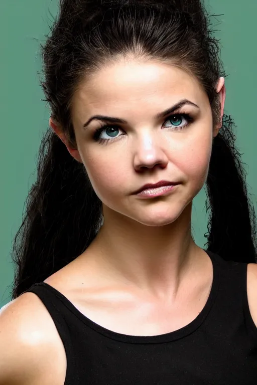 Prompt: fantasy character photo. facial expression of manic obsessive love. danielle campbell. black hair in ponytail. bright blue eyes. tall, lanky, athletic, wiry, slightly muscular. sleeveless light green dress. gleefully telling a bs story full of lies