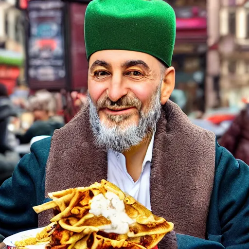 Image similar to Portrait of the Ottoman Sultan Mehmet IV eating shawarma in Downtown New York, wearing big ovular turban and a luxurious Ottoman coat, green eyes, detailed face, Ottoman Sultan, smile, cheerful, expressive, photorealistic, hyperrealism, micro details, HDR Shot, 16k