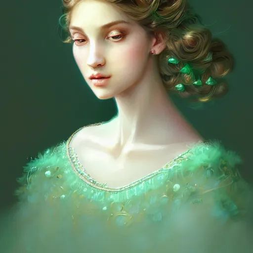 Image similar to Portrait of dreamy and ethereal women with light green eyes wearing mint green ornate frilly dress, peaceful expression, fantasy, intricate, elegant, beautiful, digital art, beautiful dynamic lighting, golden ratio, highly detailed, digital painting, trending on artstation, concept art, smooth, sharp focus, illustration, photo realistic, art by artgerm and greg rutkowski and alphonse mucha 8K