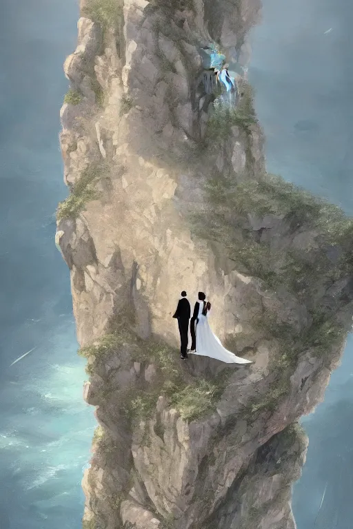 Prompt: celebrating an illegal marriage, bride and groom, high symmetry, intimacy, realism, intricate abstract, elegant, looking down a cliff, long perspective, neutral colors, dark lighting, by artstation, by greg rutkowski