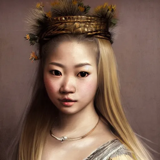 Prompt: a totally amazed smiling pretty asian girl with blonde hair, fully covering intricate detailed bohemian outfit, long loose blonde hair, precise linework, accurate brown eyes, small nose, beautiful smooth oval head, expressive emotions, hyper realistic ultrafine portrait by artemisia gentileschi, jessica rossier, greg rutkowski, artgerm