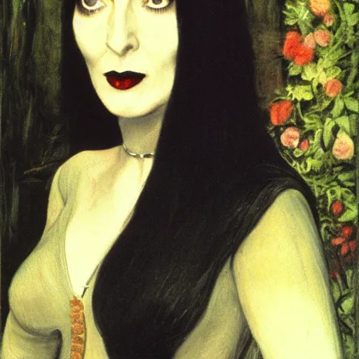 Image similar to portrait still of morticia addams, art style by millais,