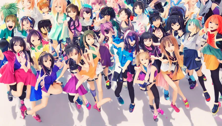 Image similar to group of cute anime characters jumping, colorful outfits, short miniskirts, lightly dressed, ultra detailed digital art, hyper real, detailed, group photo, ultra detailed, ground up angle