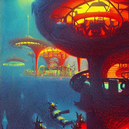 Image similar to a large water park in hell by paul lehr and moebius