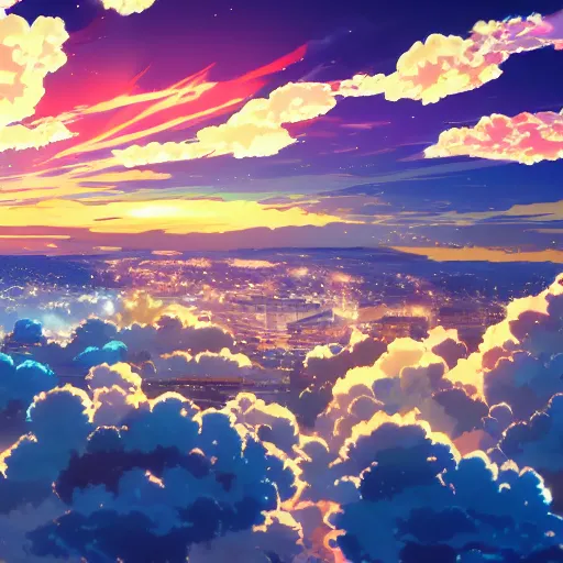 Prompt: key anime visual portrait of an italian city in the background at sunset, cumulonimbus clouds, modern anime still, 4 k