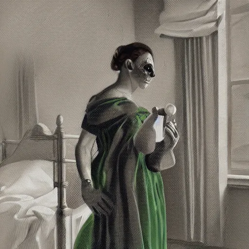 Image similar to woman in hospital room. Holding bottle made of skull. Poisonous green smoke comes out of a botlle forming dancing skeletons to the air. Woman is wearing white toga made of silk. Glamour photograph. Digital painting - h 768