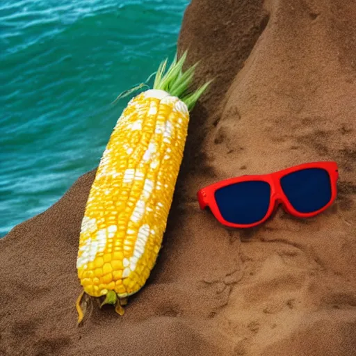 Prompt: photo of a ear of corn dressed in surfer's clothing and sunglasses on a beack