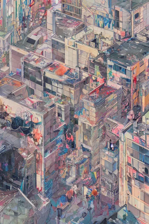Prompt: people in a busy city people looking at a white building covered with graffiti paint dripping down to the floor, james jean, painterly, yoshitaka amano, hiroshi yoshida, moebius, loish, painterly, and artgerm, illustration
