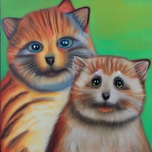 Prompt: portrait painting of cat and quokka in the style of grant wood