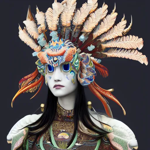 Image similar to 3 d goddess close - up profile portrait russian with ram skull. beautiful intricately detailed japanese crow kitsune mask and clasical japanese kimono. betta fish, jellyfish phoenix, bio luminescent, plasma, ice, water, wind, creature, artwork by tooth wu and wlop and beeple and greg rutkowski