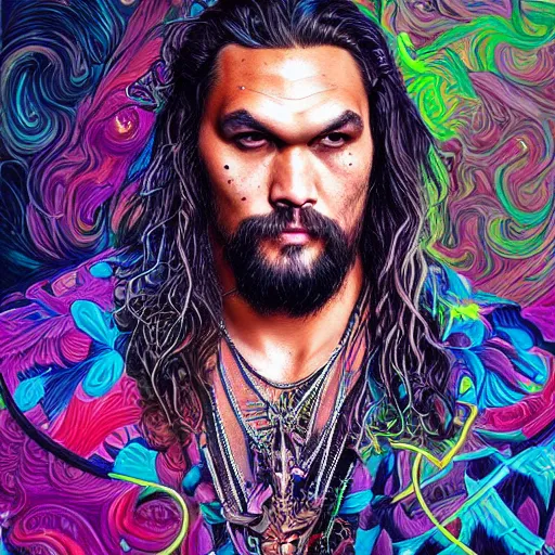 Image similar to portrait of jason momoa, hyper detailed masterpiece, neon floral pattern, jean giraud, digital art painting, darkwave goth aesthetic, psychedelic, artgerm, donato giancola and tom bagshaw