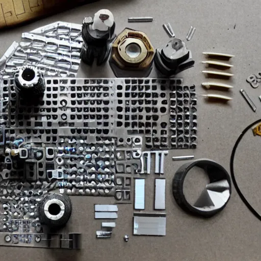 Prompt: knolling of parts from alien warp drive engine