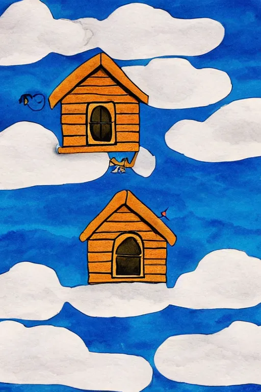 Image similar to a children's book illustration of an adventure cabin flying through the clouds