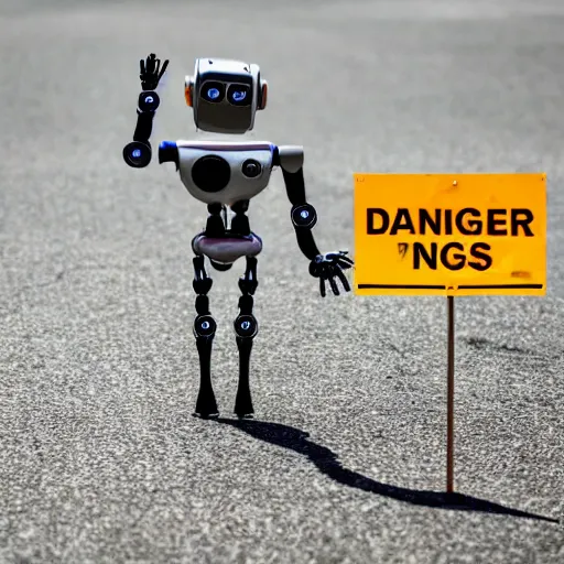 Prompt: a robot in a foreat holding a sign that reads: Danger!