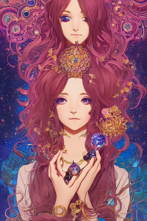 Image similar to psychedelic, intricate, highly detailed, anime, 4k, beautiful seductive woman holding a crystal containing the universe, with professional makeup, long trippy hair, surrounded by gems, underneath the stars, trending on patreon, deviantart, twitter, artstation, volumetric lighting, heavy contrast, by artgerm and Ilya Kuvshinov and alphonse mucha