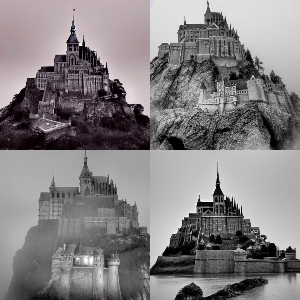 Prompt: island castle in mysterious fog, with angelic observers, in the style of Mont-Saint-Michel