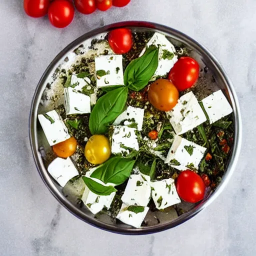 Prompt: feta cheese, peppermint, spices, basil, and tomatoes