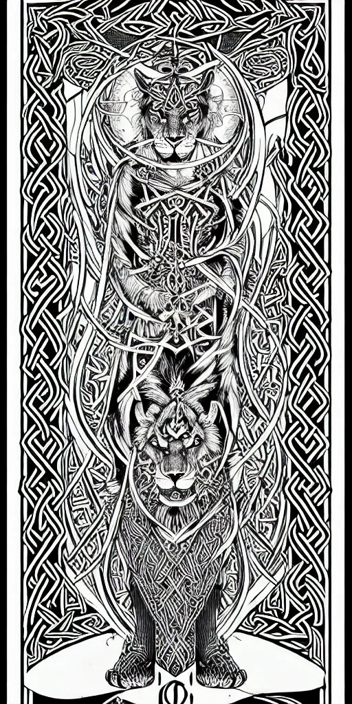 Prompt: a beautiful black and white fractal viking lioness tarot card featuring bold occult imagery with clean lines. detailed adult coloring book