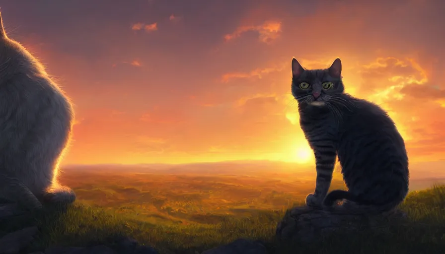 Image similar to cat sitting on the hill looking at gigantic sunset, hyperdetailed, artstation, cgsociety, 8 k