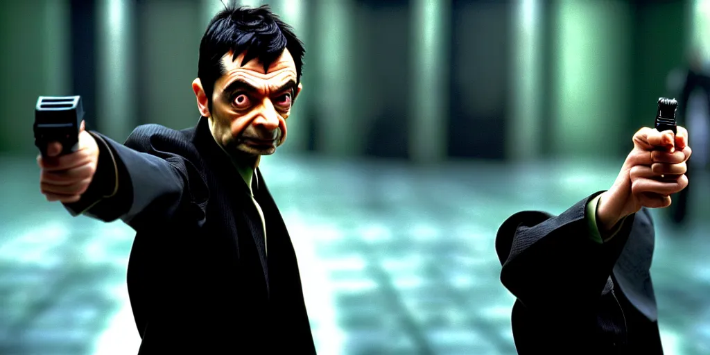 Image similar to hyper realistic, production still of neo ( ( mr. bean ) ) in movie, the matrix ( 1 9 9 9 ), 4 k, highly detailed, anamorphic