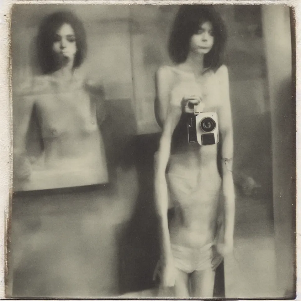 Prompt: a portrait polaroid of a skinny female photographer in the seventies