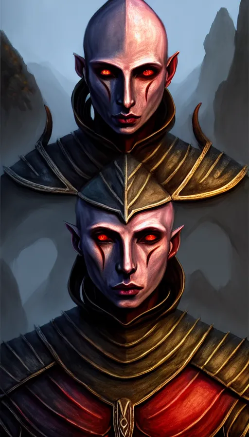 Image similar to hyperrealistic morrowind dunmer male nerevarine in front of balmora, red eyes, 3 / 4 portrait, symmetrical face, handsome face, full body dnd character portrait, medieval armor, morrowind armor, oblivion armor, skyrim armor, eso armor, intricate, highly detailed, elegant, 4 k, artstation, deviantart