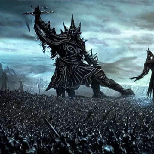 Image similar to A promotional image from the new Simarillion movie by New Line Cinema, Morgoth is towering over Fingolfin at the battle of Angband, 4k, Cinematic, highly detailed special effects