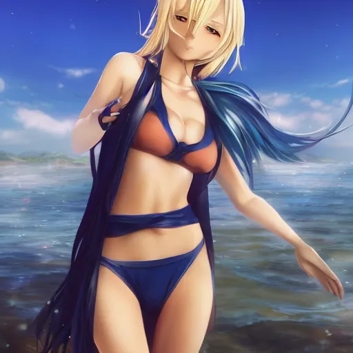 Prompt: a very beautiful young anime girl with 2 0 meters long blond hair, full body, long wavy 2 0 meters long blond hair, sky blue eyes, full round face,, bikini, miniskirt, front shot, playing a virtual reality game highly detailed, cinematic wallpaper by stanley artgerm lau