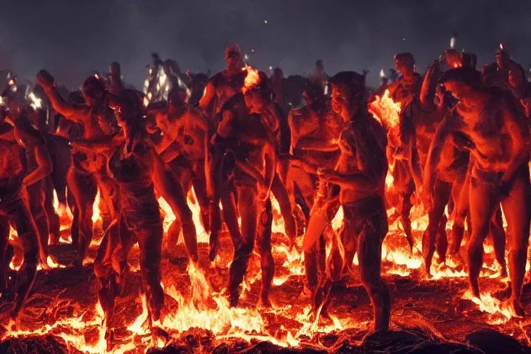 Image similar to a cinematic wide angle photograph of a group of mutants made entirely of fire walking through a vast serene landscape, beautiful lighting, high depth, ultra realistic, artistic, by zack snyder and john harris