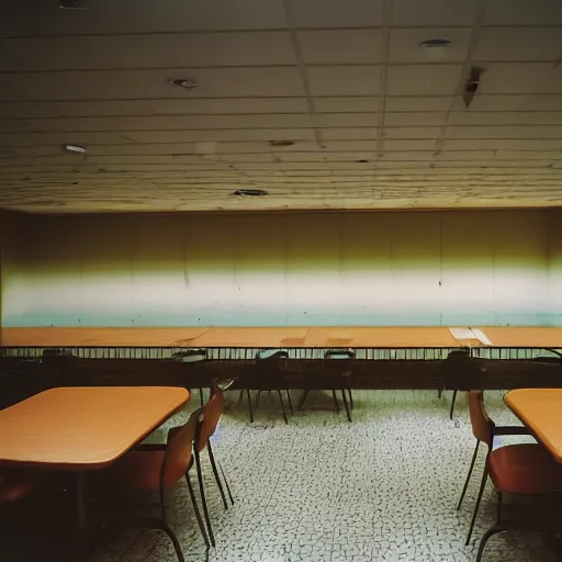 Image similar to a 3 5 mm pentax k 1 0 0 0 photograph of a liminal empty moody mcdonalds interior. empty tables. food garbage scattered about.