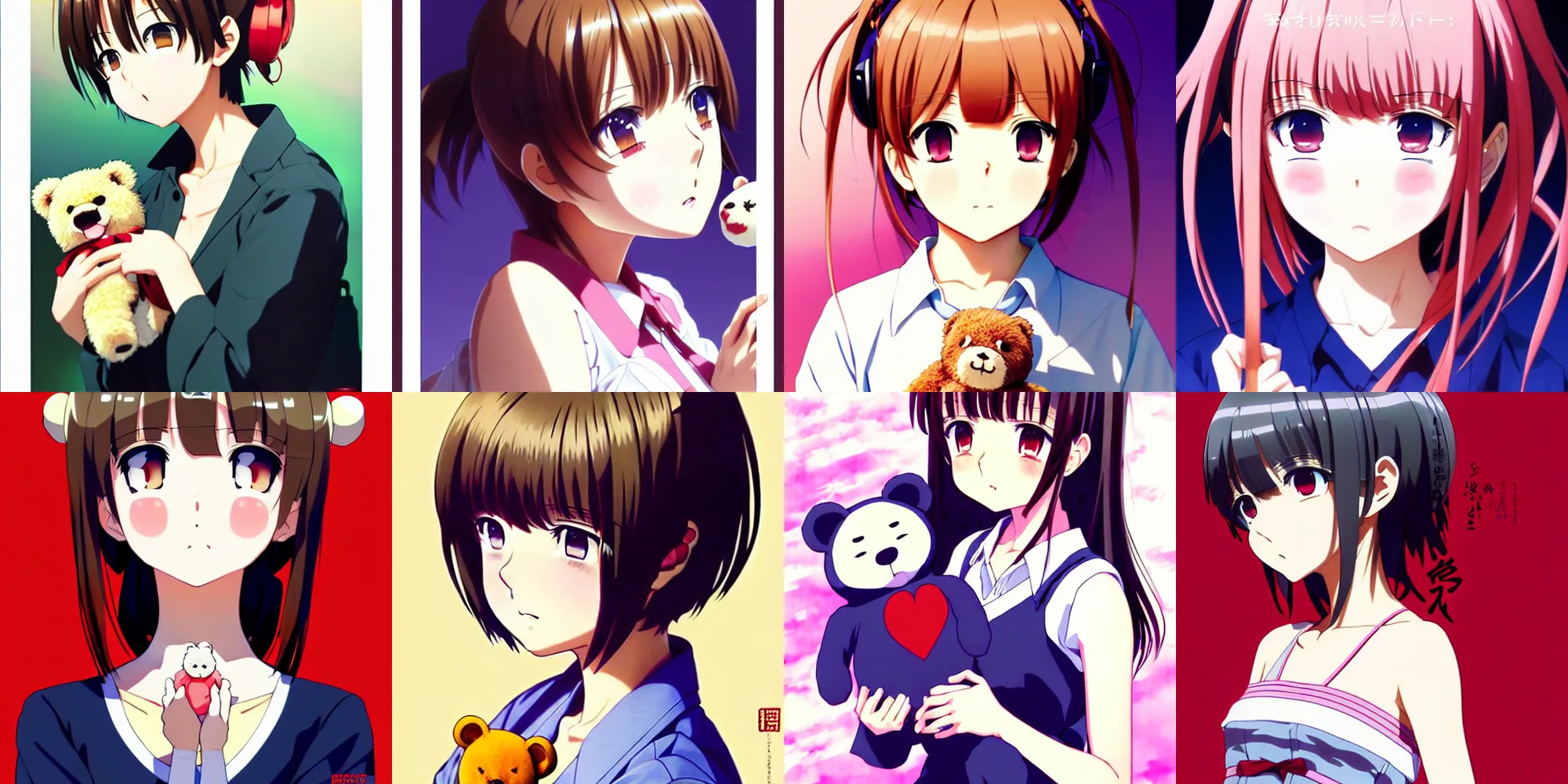 Prompt: anime poster shikishi album cover still portrait, cute female character with holding a teddy bear,,,, cute face by ilya kuvshinov yoshinari yoh makoto shinkai katsura masakazu kyoani, dynamic perspective pose super detailed facial features eyebrowless symmetry, gapmoe yandere grimdark, crisp and sharp cel shade ambient light