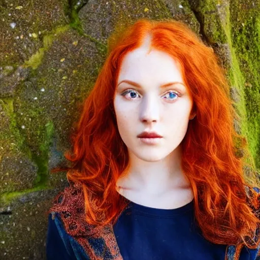 Image similar to full body detailed shot of a beautiful red haired woman with a beautiful face, green eyes high detail, intricate clothing, looking at the camera, dreamy background