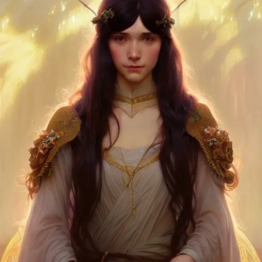 Image similar to a beautiful princess, long dark hair and bangs, fantasy, intricate, elegant, highly detailed, digital painting, artstation, concept art, matte, sharp focus, illustration, art by Artgerm and Greg Rutkowski and Alphonse Mucha