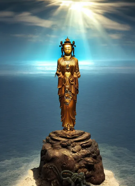 Image similar to guanyin stand on big loutus, a godness of the southern seas, a realistic setting with muted colors, visual novel cover, by yoshitaka amano, zeng fanzhi, jane hamilton, tiffany studios, sunrays shine uponit, frostbite 3 engine, cryengine, dof, trending on artstation, digital art, fantasy detailed background