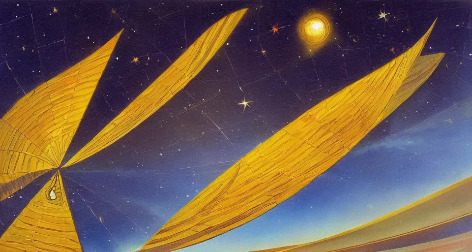 Image similar to giant solar sail, floating in space blocking the sun, art deco painting